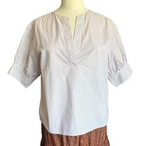 FRAME Stripe Split Neck Popover Brown White Organic Cotton Poplin (sz XS)
